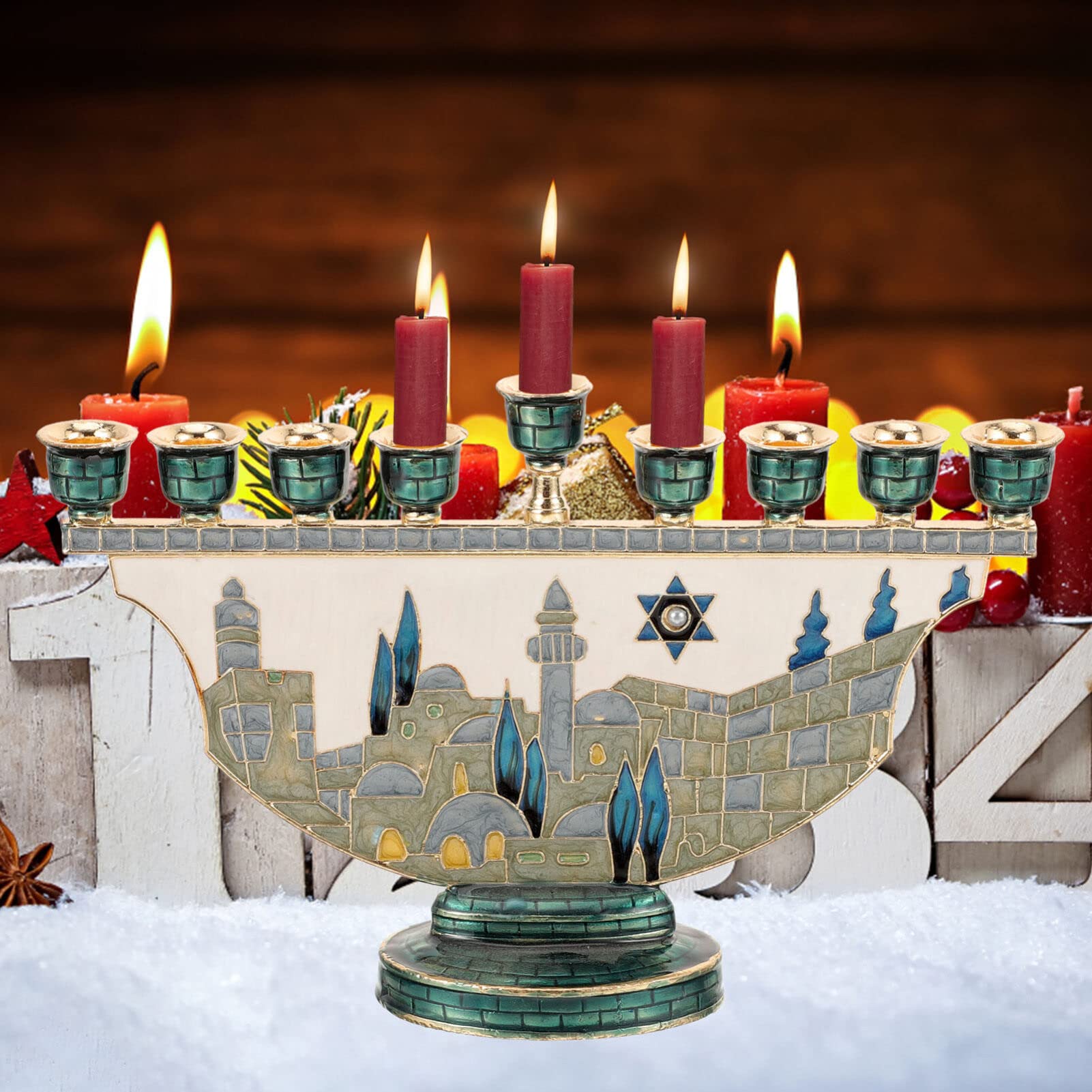 Jerusalem Menorah Hanukkah Can - Candle Holder Decor 评论和价格